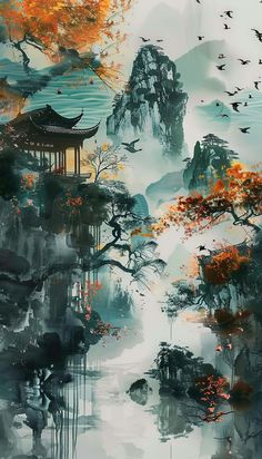 MD Ancient Chinese Architecture, Geisha Art, Cool Pixel Art, Canvas Drawings, Abstract Art Wallpaper