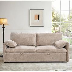 a living room scene with focus on the couch and floor lamp in the foreground