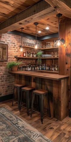 a bar with stools and bottles on it