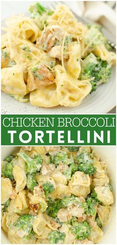 chicken broccoli tortelli is shown in this collage