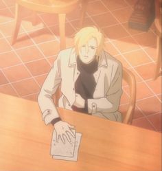 an anime character sitting at a table with his hands on the desk and looking off into the distance