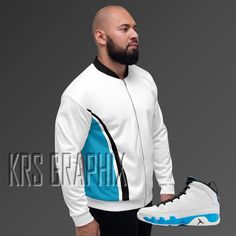 Rock the freshest style with our bomber jacket to match the Jordan 9 Powder Blue! 🔥🍊 This jacket is designed with a brushed fleece inside for ultimate warmth and comfort, and a relaxed unisex fit for versatility. Perfect for layering over a basic t-shirt or a warm hoodie, this jacket is a must-have for any sneakerhead. Made from 100% polyester, this jacket features a fabric weight of 6.49-8.85 oz/yd² (220-300 g/m overlock seams, sturdy neck tape, and a silver YKK zipper. With 2 self-fabric poc Urban Style Blue Varsity Jacket For Sports, Urban Blue Varsity Jacket For Sports, Sporty Fleece Jacket For Streetwear, Sportswear Fleece Jacket With Ribbed Cuffs For Streetwear, White Fleece Jacket For Streetwear, Sporty Blue Varsity Jacket For Streetwear, Urban Style Track Jacket With Baseball Collar For Sports, Fleece Track Jacket For Streetwear, Urban Track Jacket With Baseball Collar For Sports