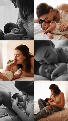 a woman holding a baby while laying on top of a bed next to another woman