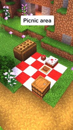 a screenshot of a picnic area in the minecraft game, which is set up to be used as a picnic table