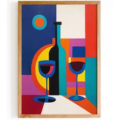 a painting with two wine glasses and a bottle on the table in front of it