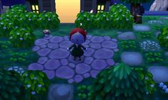 an animal crossing in the middle of a forest with rocks and plants on either side