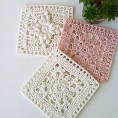 three crocheted coasters sitting on top of a table next to a potted plant