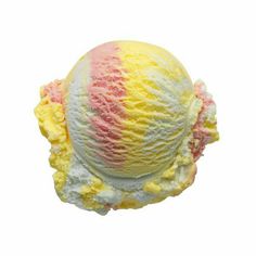 two scoops of ice cream with yellow, pink and white swirl on top are shown