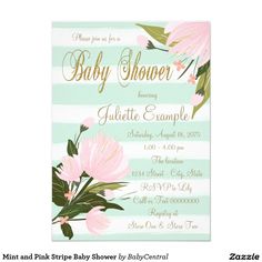 a baby shower is shown with pink flowers on the front and green stripes in the back