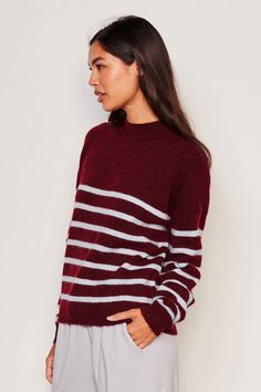 Mock neck sweater with drop shoulder and relaxed fit. Pair it with Sundry's Lounge Cargo. Red And Black Striped Sweater, Black Striped Sweater, Linen Shop, Cozy Sweater, Jacket Brands, Sweater Sale, Mock Neck Sweater, Striped Sweater, Cozy Sweaters