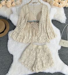 Last Chance! Don’t Miss Out! Get ready for some fun in the sun with our Sunset and Swim 3pc Crochet Top Vacation Set. This stylish and comfortable crochet top set includes a bikini top, shorts, and a matching cover-up. Perfect for your next beach getaway or tropical vacation. Shop now and enjoy free shipping on all orders! Beige Summer Vacation Sets, Casual Beige Beach Season Sets, Casual Beige Sets For Vacation, Beige Beach Set For Beach Season, Beachwear Tops With Crochet Trim For Beach, Beach Tops With Crochet Trim For Beachwear, Fitted Summer Beach Sets, Fitted Beach Cover-up Set, Crochet Trim Tops For Beachwear