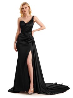 Sexy Side Slit One Shoulder Floor Length Soft Satin Mermaid Graduation Prom Dresses - ChicSew Graduation Dress Long, Dark Green Bridesmaid Dress, Dark Navy Bridesmaid Dresses, Silver Bridesmaid Dresses, Bridesmaid Dresses Uk, Mermaid Bridesmaid, Dress Graduation, Mermaid Bridesmaid Dresses, Prom Dresses For Sale