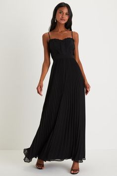 With a season full of romantic gatherings coming up, the Lulus Precious Charm Black Pleated Sleeveless Maxi Dress is truly a must-have for all things wedding-related! Pleated, airy woven chiffon shapes this elegant dress that starts with adjustable spaghetti straps that support a ruffle-trimmed sweetheart neckline and a sleeveless bodice adorned with strips of delicate crochet lace throughout. The fitted, banded waist tops a flowy A-line skirt that cascades down to a sweeping maxi hem. Hidden ba Loose Bridesmaid Dress, Black Garden Party Outfit, Wedding Usher, Sisterhood Round, Ring Dance, Black Chiffon Dress, Best Wedding Guest Dresses, Delicate Crochet, Black Pleated Dress