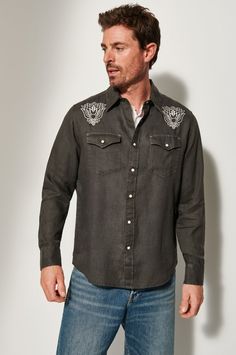 Canyon Embroidered Linen Shirt Western Style Embroidered Button-up Top, Embroidered Button-up Western Tops, Western Style Shirt For Summer Rodeo, Long Sleeve Tops For Summer Rodeo, Summer Long Sleeve Tops For Rodeo, Western Style Shirt For Ranch In Summer, Western Style Relaxed Fit Button-up Tops, Western Style Shirt For Summer Ranch, Western Style Shirt For Summer Ranch Occasion