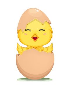 a yellow chickling hatched out of an egg shell with eyes closed and tongue out