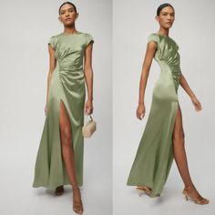 two pictures of a woman in a green dress with high slits and side split