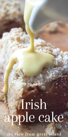 pouring custard sauce on a slice of irish apple cake Irish Apple Cake, Baked Apple Recipes, Custard Sauce, Apple Recipe, Apple Cake Recipes, A Piece Of Cake, Irish Recipes