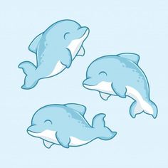 three blue dolphins swimming in the ocean with one jumping up and another sitting on its back