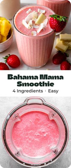 the ingredients for banana mama smoothie are shown in this collage