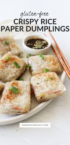 crispy rice paper dumplings on a plate with chopsticks and dipping sauce