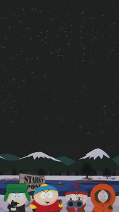 some cartoon characters are standing in the snow at night with mountains and stars behind them