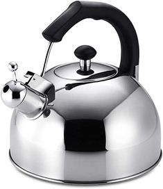 a stainless steel tea kettle on a white background