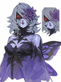 a drawing of a woman with wings and flowers on her head, wearing a purple dress