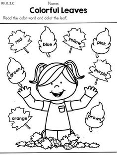 a coloring page with the words colorful leaves and a girl holding her hands up in the air