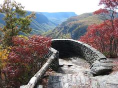 a stone bridge surrounded by trees with red leaves on the mountains in the background,