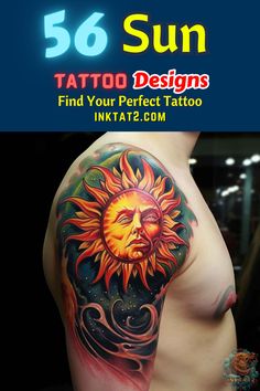 the sun tattoo design is shown on this man's arm and chest, with an artistic