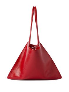 red calf leather debossed logo to the front open top two long top handles debossed internal logo main compartment Red Calf Leather Shopping Bag, Red Calf Leather Bag For Shopping, Red Calf Leather Bag With Soft Texture, Red Calf Leather Bag With Soft Finish, Soft Calf Leather Red Bag, Modern Red Calf Leather Shoulder Bag, Debossed Logo, Iconic Bags, Demi Fine Jewelry