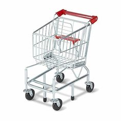 a silver shopping cart with red handles