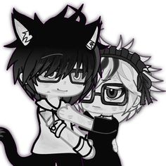 two anime characters one with glasses and the other with cat ears, are hugging each other