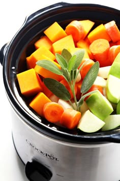 a crock pot filled with cut up vegetables