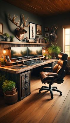 an office with a desk, chair and deer head on the wall above it's desk