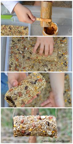 the process for making bird seed feeders is shown in four different pictures, including hands and