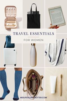 Nine photos with suggested items for travel, especially long flights. A travel jewelry case, tote bag, e-reader, roller bag, water bottle, scarf, compression socks, a personal item bag, toothbrush and toothpaste. Packing Essentials, Packing Guide, Checked Luggage, Overseas Travel, Travel Essentials For Women, Essential Items, What To Pack, Packing Tips