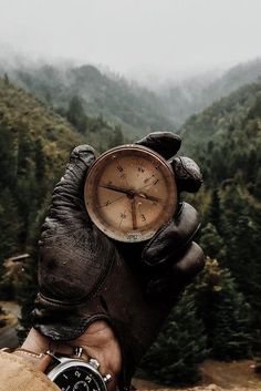 a person holding a clock in their hand while standing on top of a mountain with trees