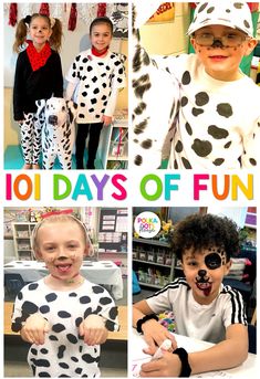 there are pictures of kids dressed up in dalmatian costumes for halloween and the words 101 days of fun