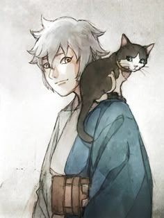 an anime character holding a cat on his shoulder and looking at the camera while standing next to him