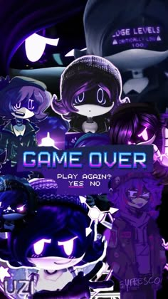 the game over poster is shown in purple and black colors, with an image of two people