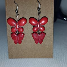 Red Stone Double Butterfly Red Dangle Earrings With Ear Wire, Red Dangle Earrings For Pierced Ears, Adjustable Red Earrings For Party, Nickel-free Red Drop Earrings, Nickel Free Red Earrings For Valentine's Day, Nickel-free Red Earrings For Valentine's Day, Red Dangle Earrings For Valentine's Day, Valentine's Day Red Dangle Earrings, Red Dangle Earrings