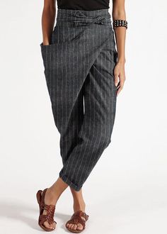 Bohemian Grey Striped High Waist Cotton Harem Pants Summer - Omychic Baggy Striped Pants With Pockets, Striped Bottoms With Pockets For Fall, Fall Striped Bottoms With Pockets, Non-stretch Striped Pants With Pockets, Celana Harem, Cotton Harem Pants, Pants With Belt, Kleidung Diy, Summer Black