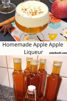 homemade apple cider liqueur recipe with apples and cinnamon on the side for fall