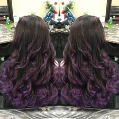 Purple Brunette Hair Color, Long Brown Hair With Purple Tips, Purple Baylage Hair Brunettes, Dark Purple Balayage Brunettes, Brown To Purple Balayage, Purple Balayage Brunette, Hair Color Ideas For Brunettes Balayage, Purple Brown Hair, Dark Ombre Hair