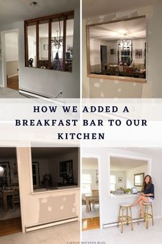 the kitchen and dining room are all white with wood trimmings, and there is a woman sitting on a stool in front of the window