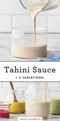 tahiti sauce being poured into a glass jar with ingredients in the background and text overlay that reads tahiti sauce + 3 variations