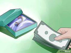 a person holding money in front of a box with a ring on it and another hand reaching for one