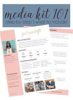 a pink and blue resume with the words media kit 1011 step - by - step what to include