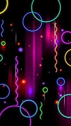 neon circles and streamers are glowing in the dark night sky, creating an abstract background